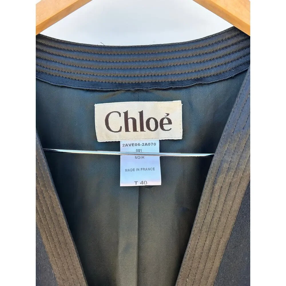 Chloé Chloe Black Wool Cashmere Jacket Leather Trim Paris 40 Cardigan